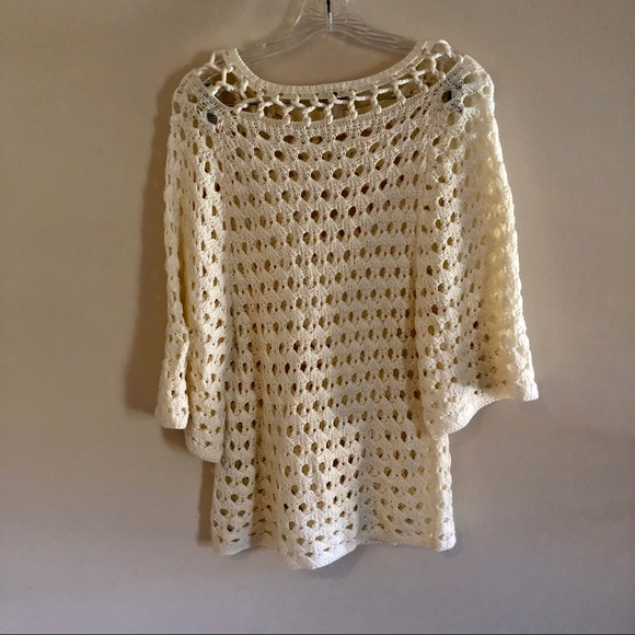 Chico’s Cream Open Knit Three-Quarter Sleeve Linen Blend Crochet Sweater - Picture 2 of 8
